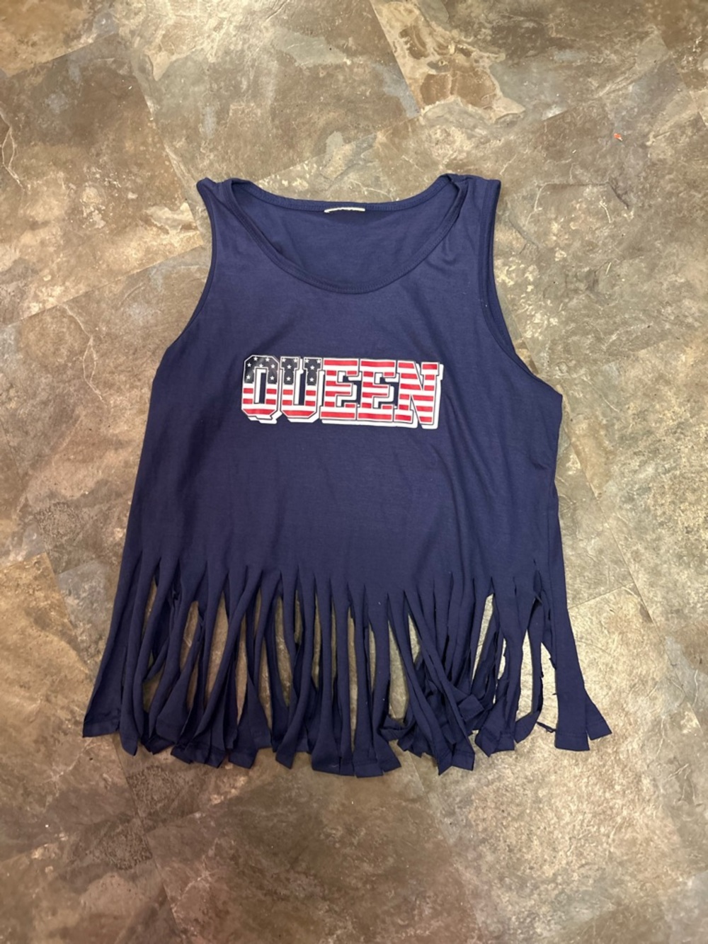 Private Label Navy Fringe Tank Top with Patriotic QUEEN Graphic Beach Top Shelf